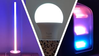 Split image of Philips Hue gradient table lamp, smart light bulb, and Wall Washer lamp
