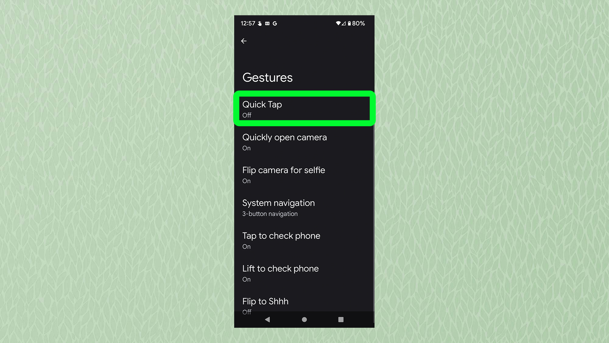 Снимок экрана с Android, показывающий меню жестов с выделенным Quick Tap