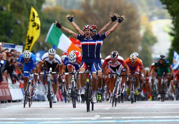 Arnaud Demare (France) sprints to the U23 men's world championship with teammate Adrien Petit earning silver.