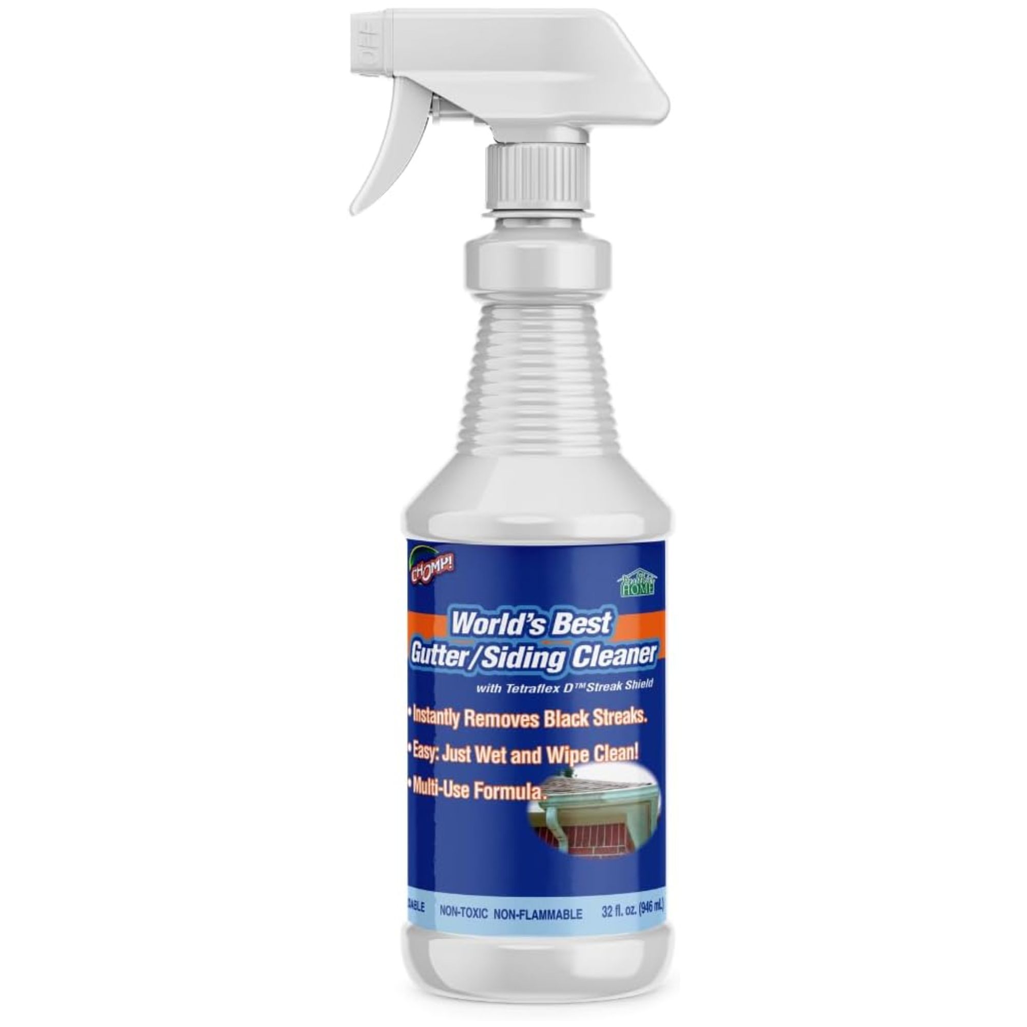 Spray bottle of gutter cleaner with blue label