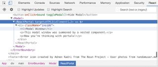 The contents of the portal appear inside the original component within React's DevTools