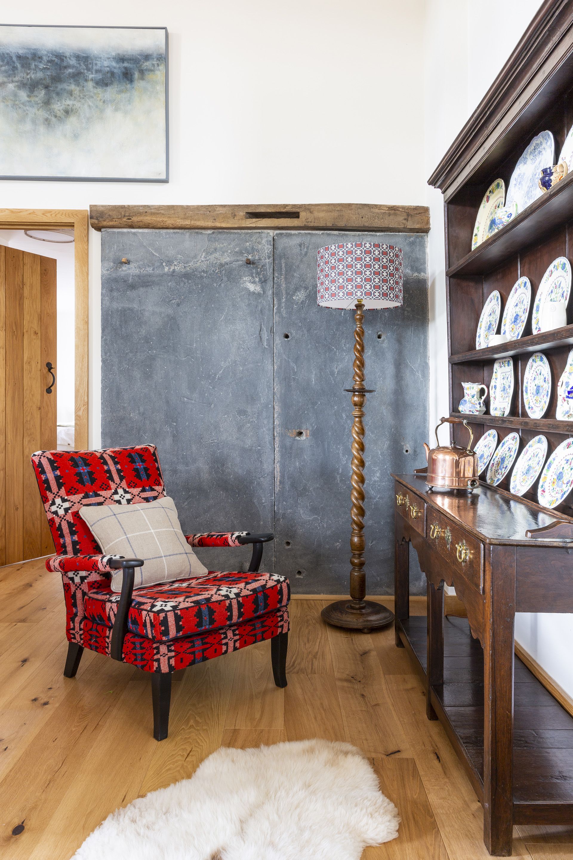 Welsh dresser with slate from milking stalls in restored Welsh barn