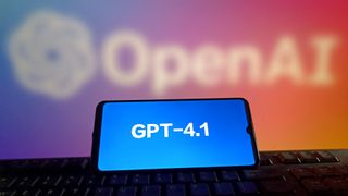 The logo of GPT-4.1 is displayed on a smartphone screen with OpenAI logo in the background