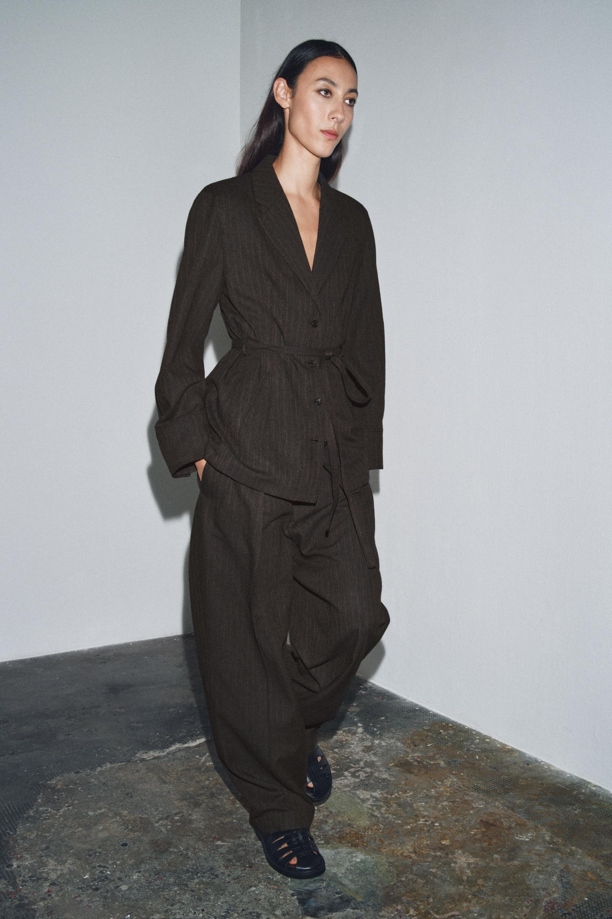 Herringbone Blazer With Belt Zw Collection