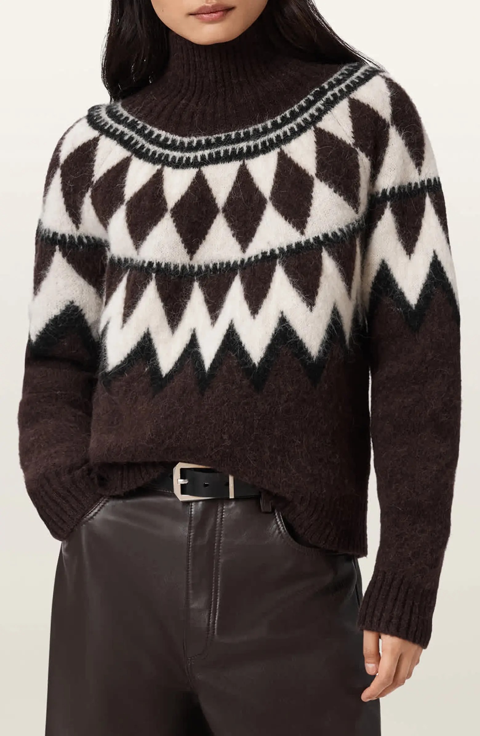 AllSaints, Tara Fair Isle Alpaca & Wool Blend Turtleneck Sweater