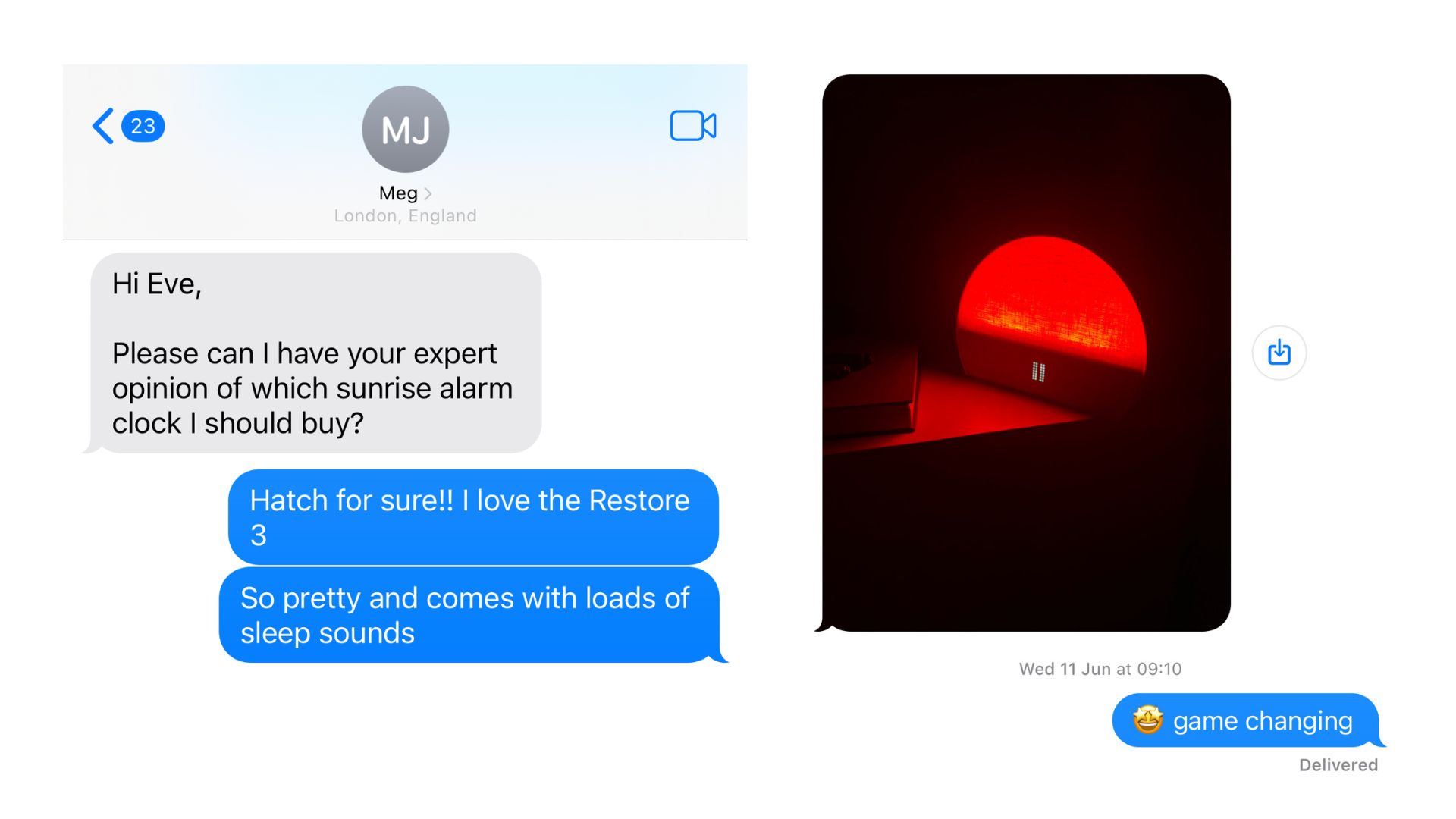 An exchange of text messages between friends where one recommends the Hatch Restore 3 sunrise alarm clock