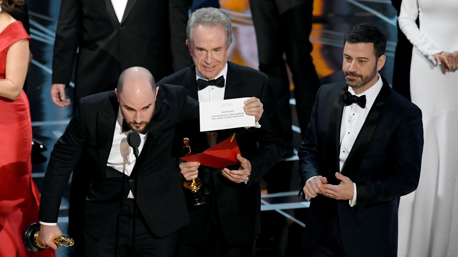 The Moonlight team on stage at the Oscars