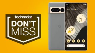 The Pixel 7 pro on a yellow background with the words 'Don't Miss' to the left of it in a shield-shaped logo