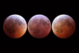 The total lunar eclipse of Jan. 20-21, 2019, captured by astrophotographers Imelda Joson and Edwin Aguirre from the suburbs of Boston. From left to right: The start of totality, at 11:41 p.m. EST on Jan. 20; the middle of totality, at 12:12 a.m. on Jan. 21; and the end of totality at 12:44 a.m.