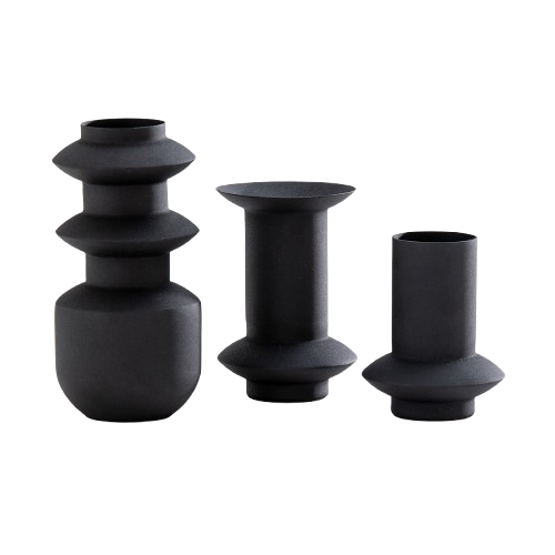 Set of three black vases on white background