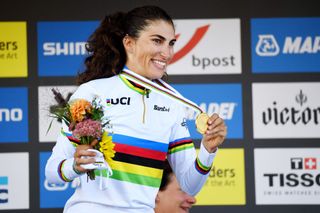 LEUVEN BELGIUM SEPTEMBER 25 Elisa Balsamo of Italy poses with the gold medal after the 94th UCI Road World Championships 2021 Women Elite Road Race a 1577km race from Antwerp to Leuven flanders2021 on September 25 2021 in Leuven Belgium Photo by Tim de WaeleGetty Images