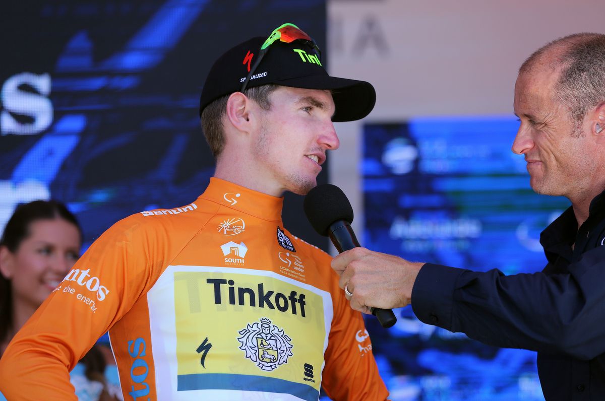 Ochre jersey wearer Jay McCarthy was a man in demand after his Stirling stage win