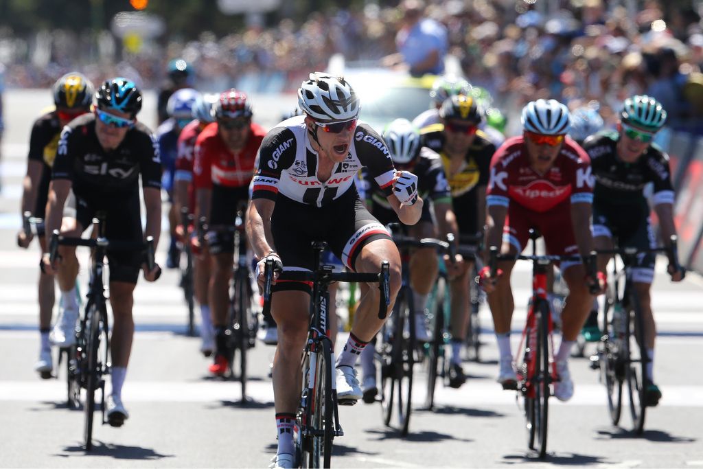 Nikias Arndt celebrates winning the 2017 Cadel Evans Great Ocean Road Race