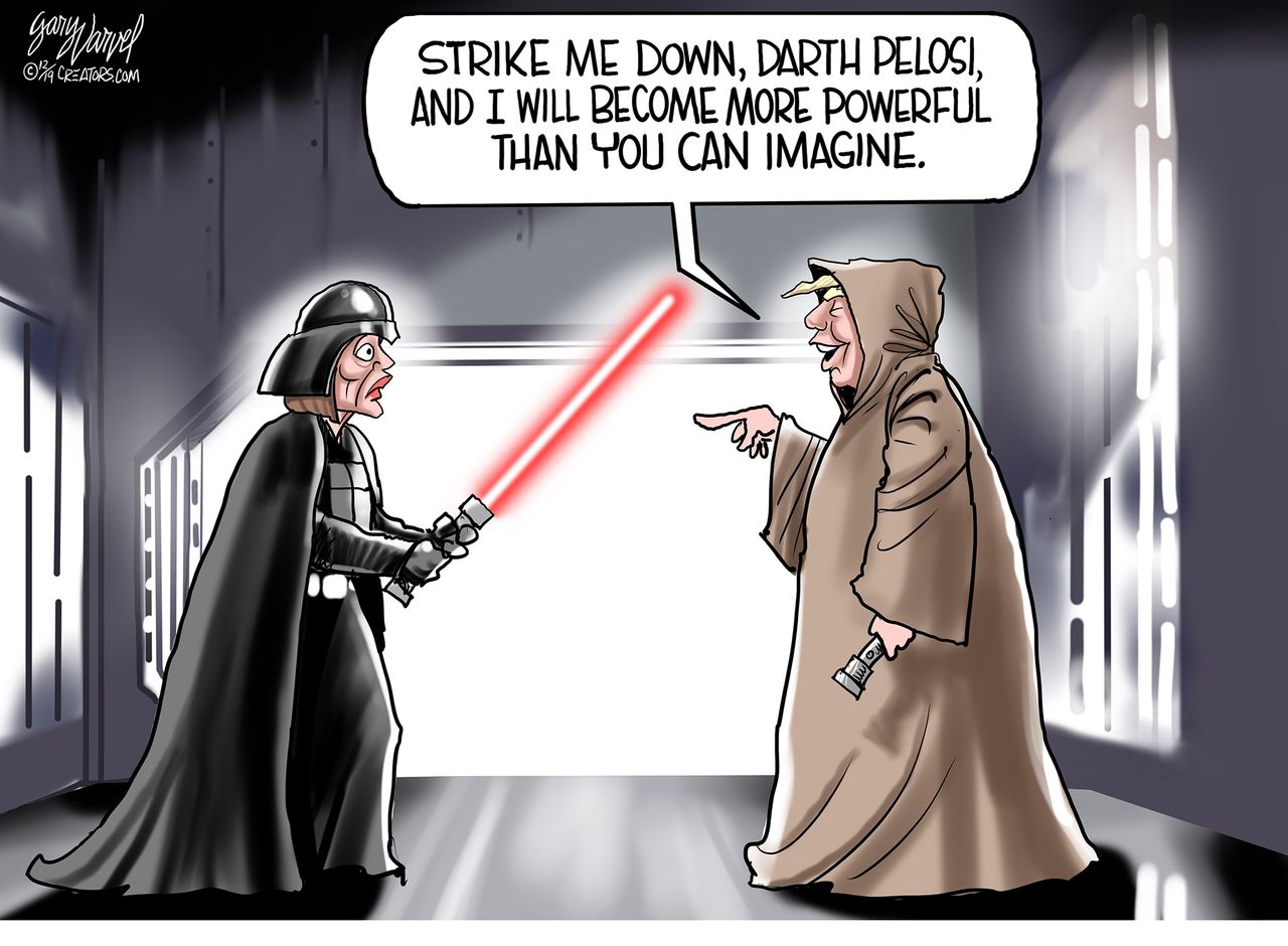 Political Cartoon U.S. Impeachment Star Wars Darth Pelosi Trump