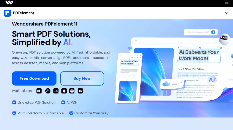 Website screenshot of Wondershare PDFelement (August, 2025)