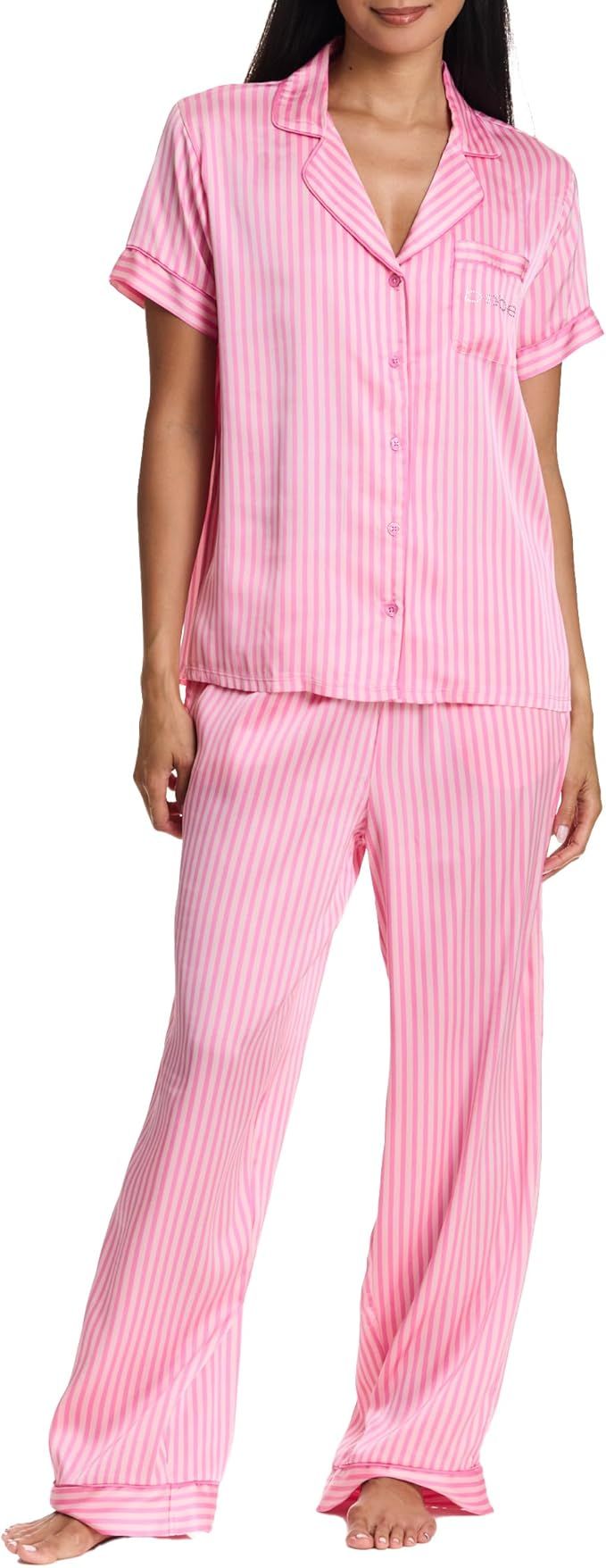 bebe, Bebe Women's Silky Satin Bridesmaid Pajama Set – Button-Down Short Sleeve Sleepwear in Luxe Patterns (aurora Pink, Large)
