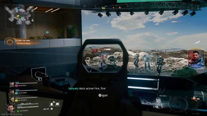 Call of Duty Black Ops 7 shooting robots in Guild HQ