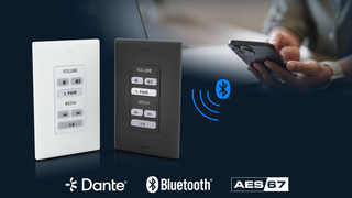 The new Extron BT 100 AT D Bluetooth Dante Audio Interface wall plate in black and white. 