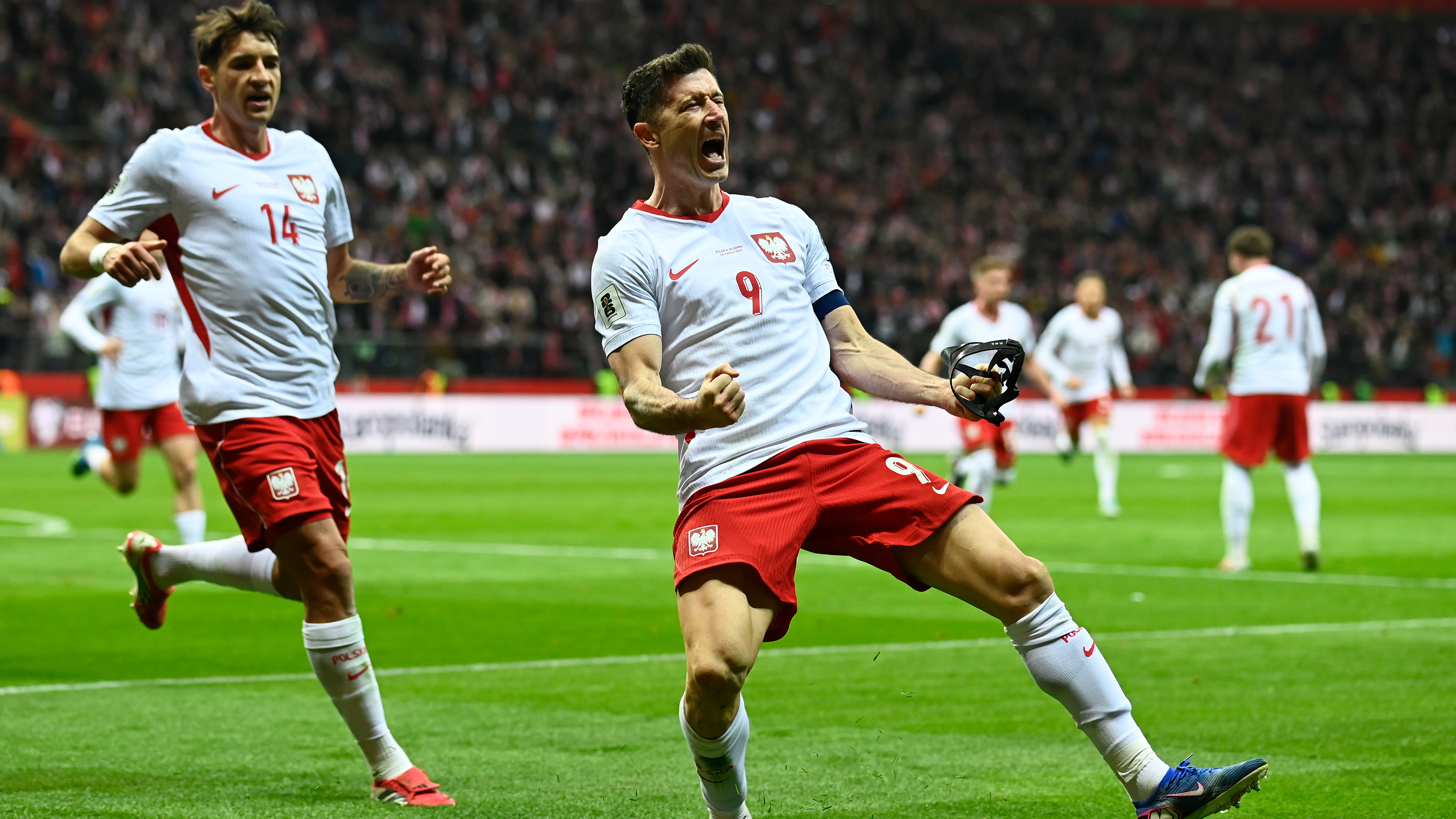 Robert Lewandowski of Poland celebrates scoring his team's first goal during the FIFA World Cup 2026 European Qualifiers KO play-offs match between Poland and Albania