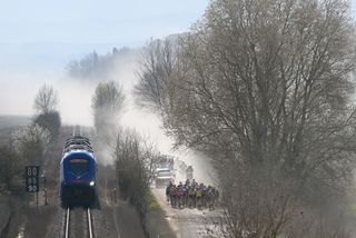 SIENA ITALY MARCH 08 A general view of the peloton competing during the 11st Strade Bianche 2025 Womens Elite a 136km one day race from Siena to Siena 320m UCIWWT on March 08 2025 in Siena Italy Photo by Dario BelingheriGetty Images