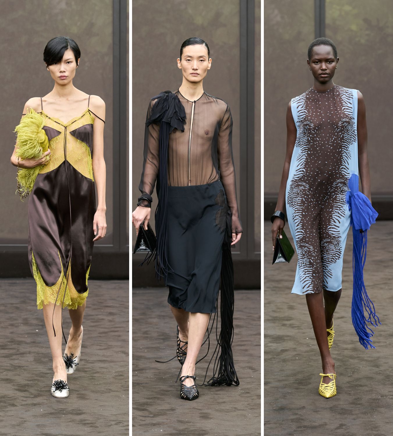 three models walk the runway at ferragamo ss26 show