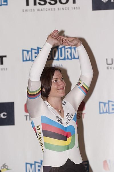 Anna Meares celebrates her gold medal in the women's 500 metre time-trial.
