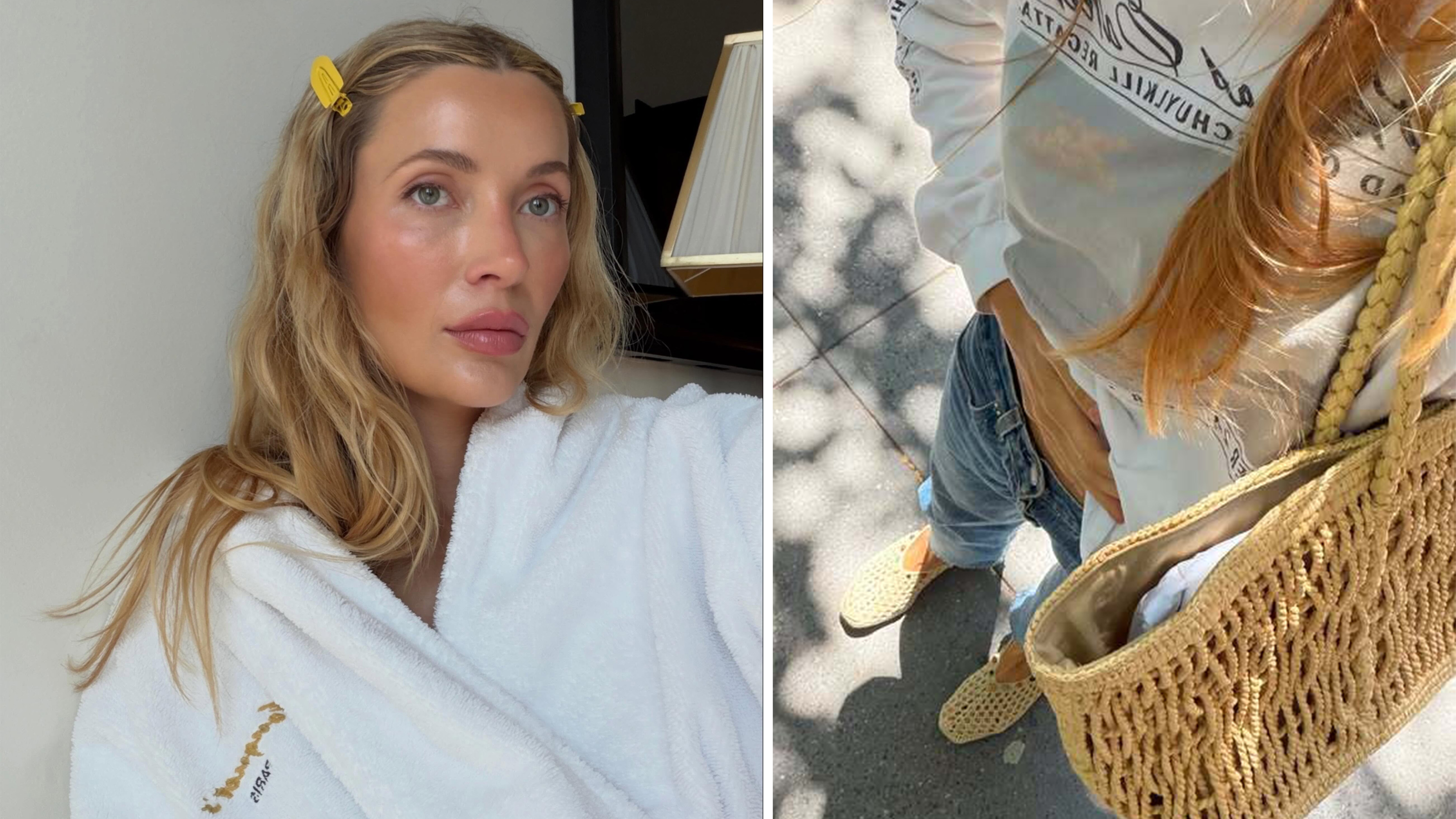 A selfie of Courtney and an image of her wearing The Row's Georgica raffia tote.