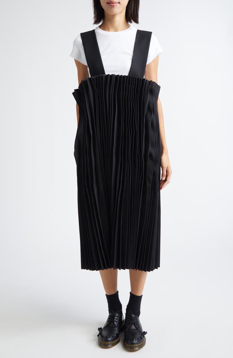 Pleated Mixed Media Twill &amp;amp; Tricot Pinafore Dress