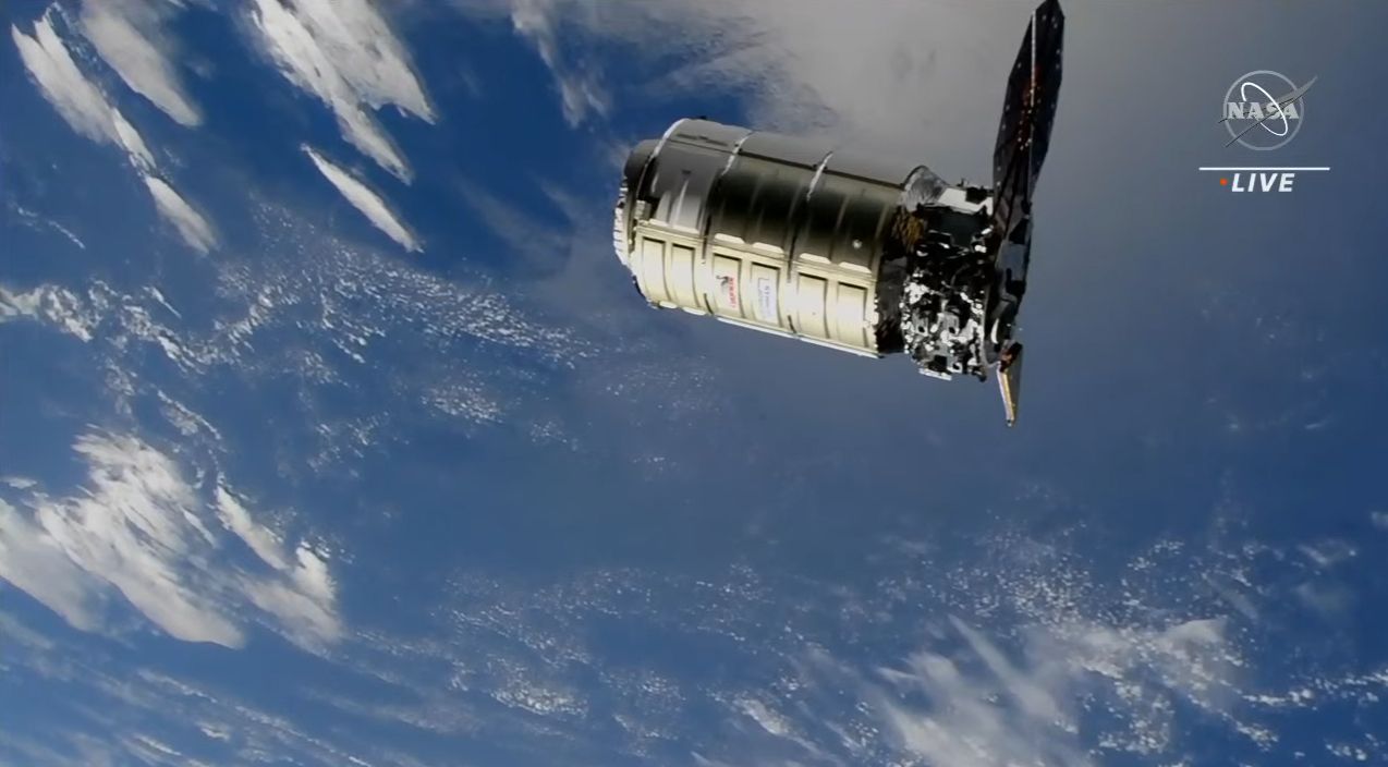 The Northrop Grumman Cygnus NG-18 cargo ship approaches the International Space Station with only one solar panel deployed (the failed one is on the left) on Nov. 9, 2022.