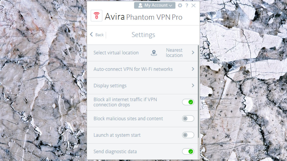 Avira Prime VPN settings.