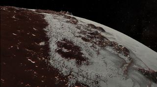 A simulated oblique view of the landscape on the edge of the Heart, built from data collected by New Horizons. Notice the mountains jutting up into the sky on Pluto's limb.