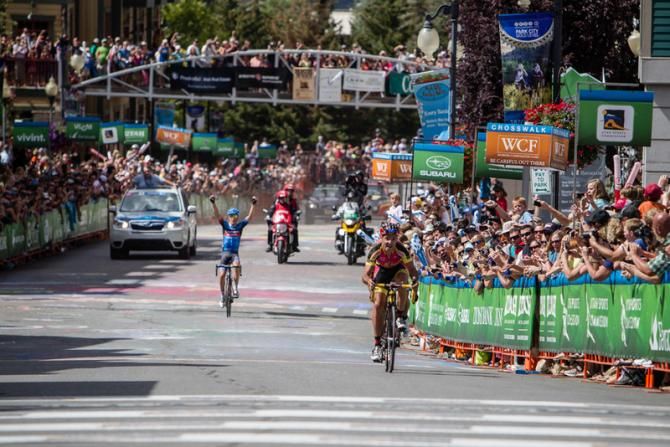Tom Danielson (Garmin-Sharp) celebrates the overall as Paco Mancebo (Kenda-5 Hour Energy) heads in for the stage win.