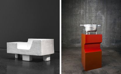 Joep van Lieshout’s work is currently on show at Almine Rech Gallery in Belgium in an exhibition called ’Primitive Modern.’ Left: Les Brutalist, 2015. Right: Dutch Stove, 2014. 