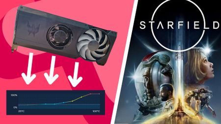 Acer Predator BiFrost Intel Arc A770 graphics card pointing down toward a fan curve graph, pictured besides Starfield's boxart