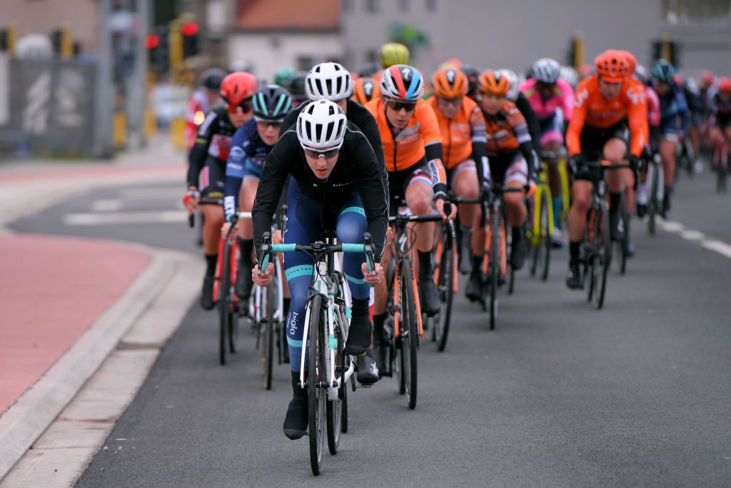 NINOVE BELGIUM FEBRUARY 29 Elizabeth Banks of United Kingdom and Team BiglaKatusha Christine Majerus of Luxembourg and Boels Dolmans Cycling Team Peloton during the 75th Omloop Het Nieuwsblad 2020 Women Race a 1229km race from Ghent to Ninove OmloopHNB OHN20 OHNwomen on February 29 2020 in Ninove Belgium Photo by Luc ClaessenGetty Images