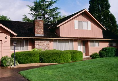 A front yard with a lawn in front of a pink house