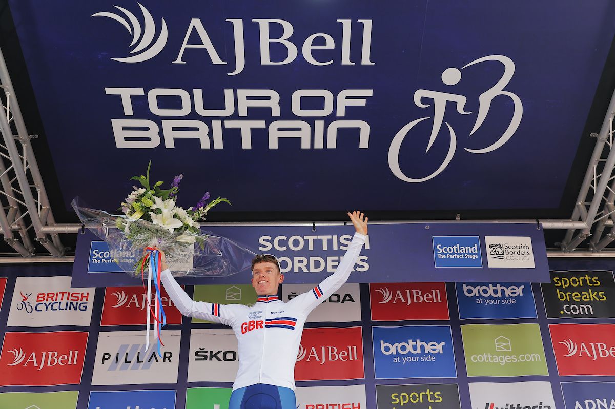 Picture by Alex WhiteheadSWpixcom 05092022 Cycling 2022 AJ Bell Tour of Britain Stage 2 Hawick to Duns Scotland Jake Stewart of Team Great Britain taking the best British rider award