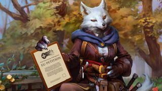 An anthropomorphized fox holds a petition for Stop Killing Games