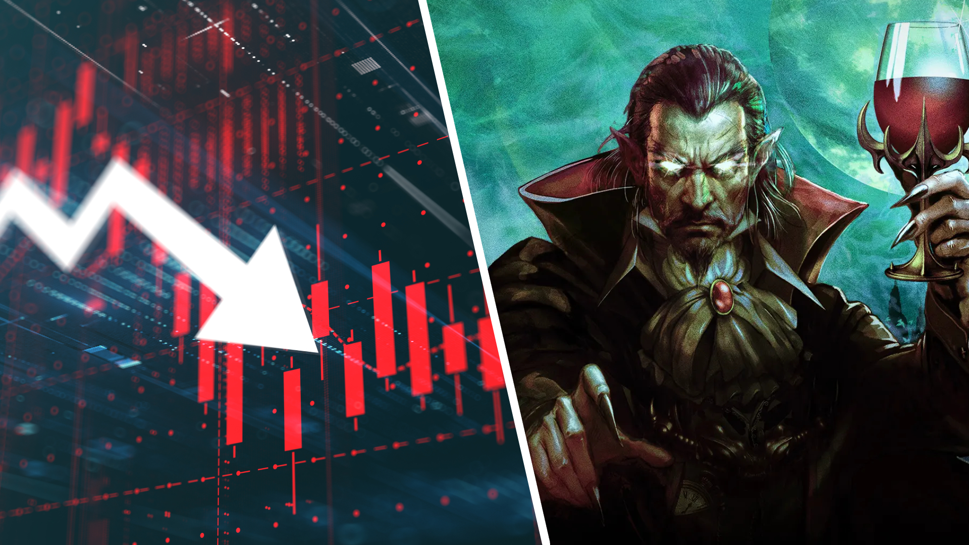 An economic chart showing a downturn; key art of Vampire Crawlers, showing a dracula against a full moon.