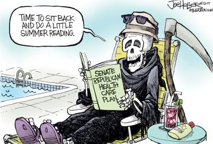 Political cartoon U.S. Senate health care reform death summer reading
