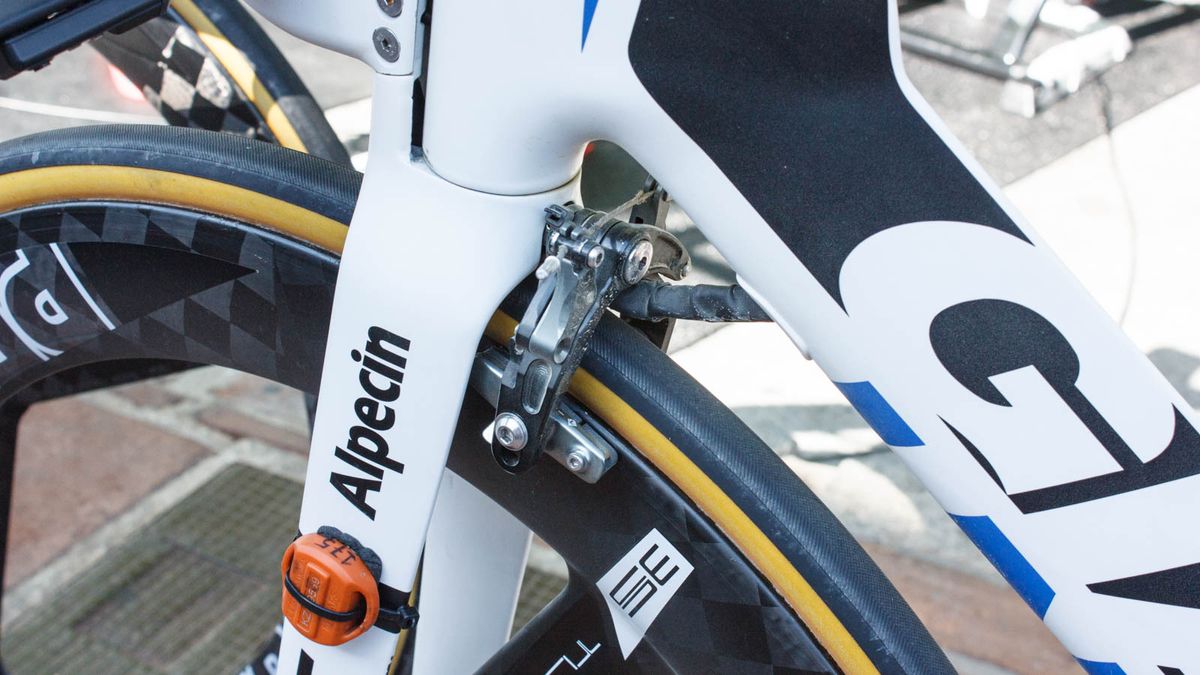 Speaking of weird brakes, check out the front one on this Giant-Alpecin Trinity. That cable routing is hideous (Matthew Allen / Immediate Media)