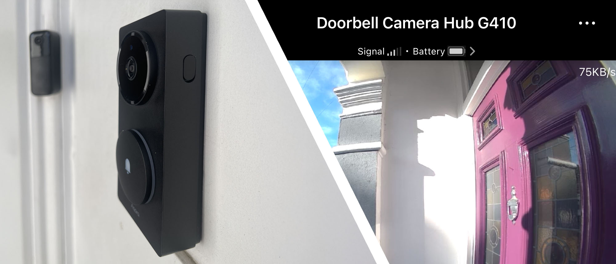 Split image of Aqara video doorbell on wall, and screengrab from Aqara app showing footage from doorbell camera
