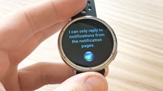 Close-up of the Amazfit Active 2's screen with warning stating that the AI voice assistant can only reply to certain smartphone notifications