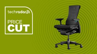 A Herman Miller x Logitech Embody gaming chair on a green background with white price cut text