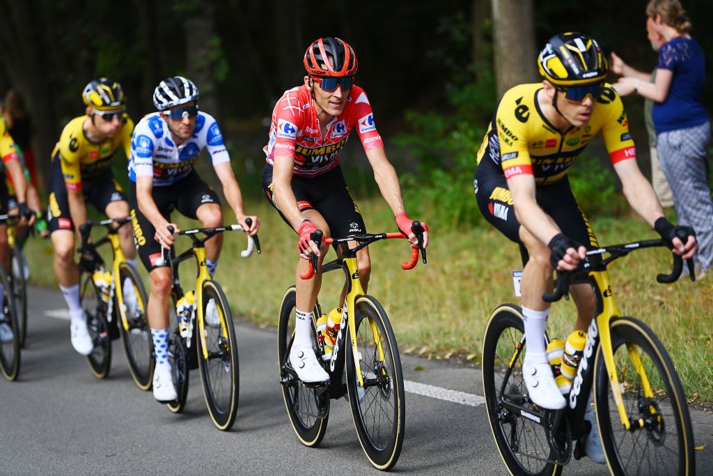 UTRECHT NETHERLANDS AUGUST 20 Robert Gesink of Netherlands and Team Jumbo Visma Red Leader Jersey competes during the 77th Tour of Spain 2022 Stage 2 a 1751km stage from sHertogenbosch to Utrecht LaVuelta22 WorldTour on August 20 2022 in Utrecht Netherlands Photo by Tim de WaeleGetty Images