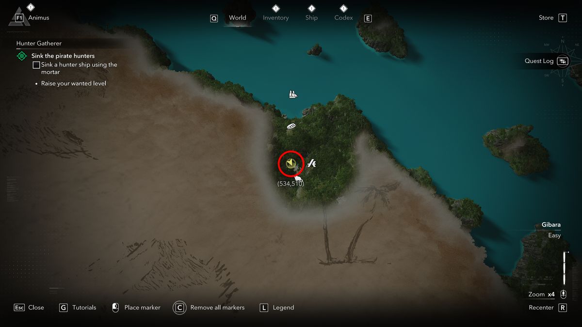 Black Flag treasure maps: A screenshot of the map with a red circle showing the location of the buried treasure chest in Jiquey.
