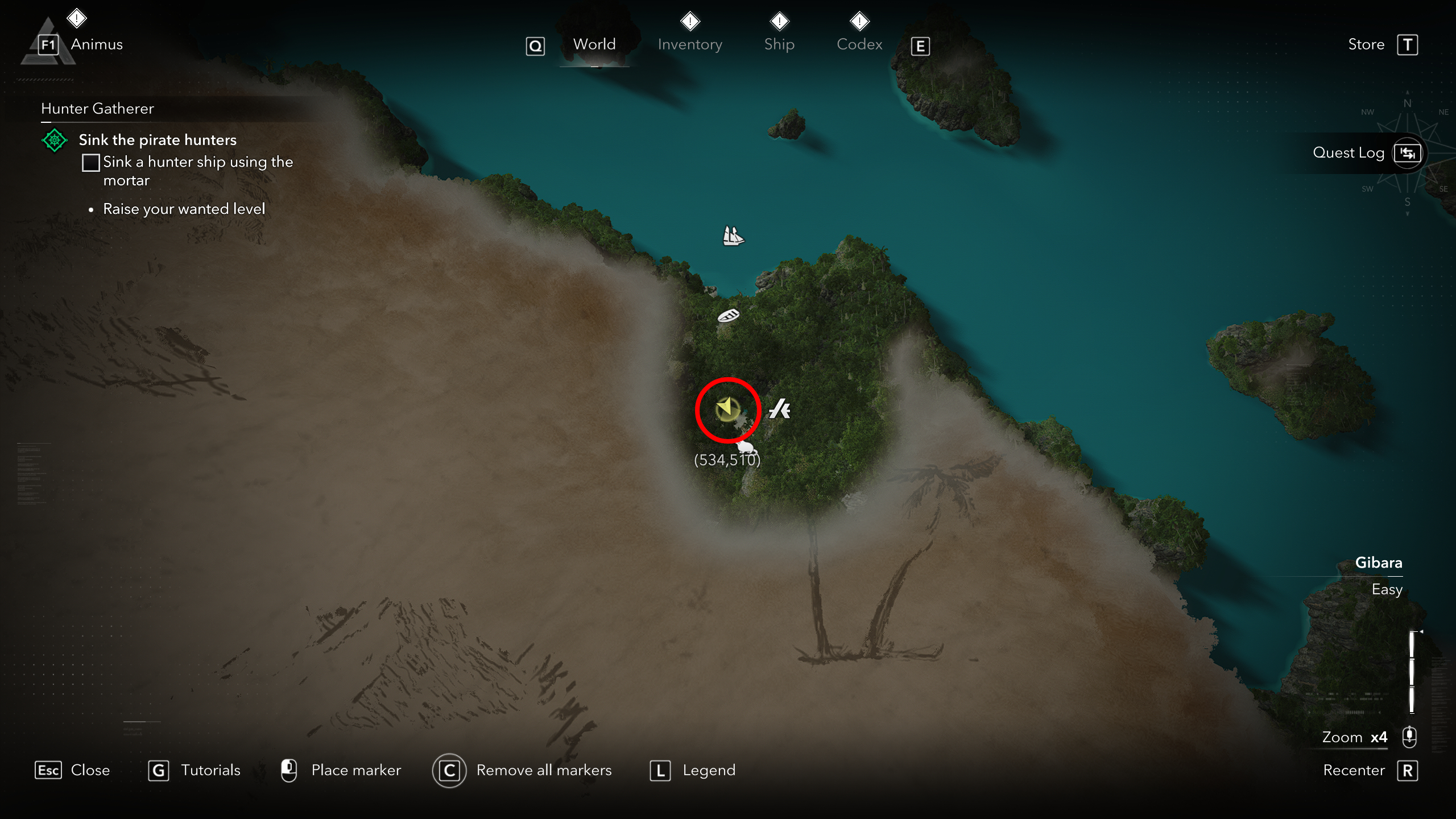 Black Flag treasure maps: A screenshot of the map with a red circle showing the location of the buried treasure chest in Jiquey.