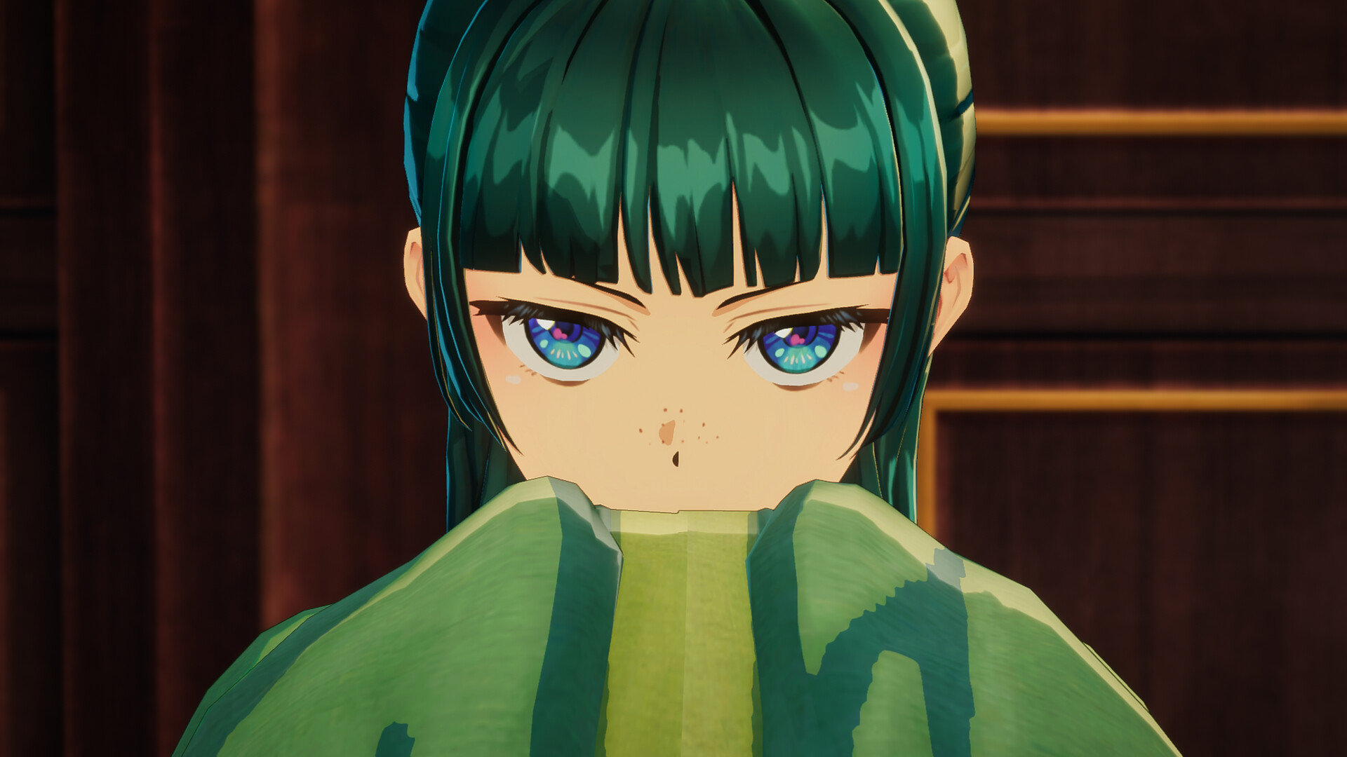 Protagonist Maomao wears a focused expression as she looks out over her clasped hands in adventure game, The Apothecary Diaries: The False Imperial Brother