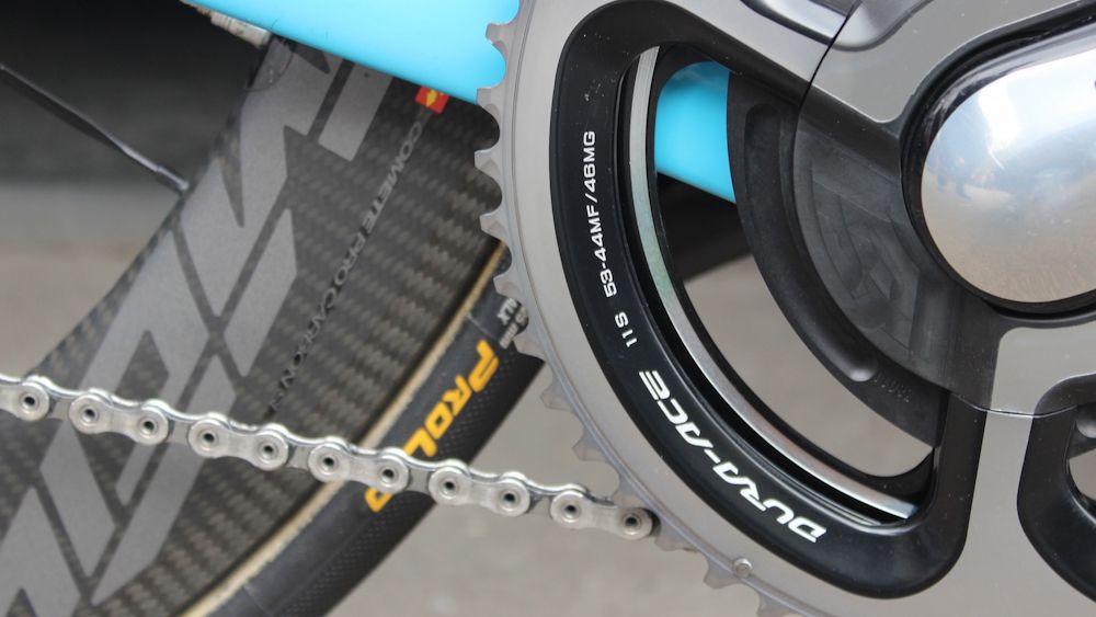 Whilst Naesen opts for a standard 53T outer chainring, the inner is a larger than usuall 44t for the flat Classics