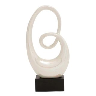 Abstract twisted creamy white ceramic sculpture with dark MDF painted base